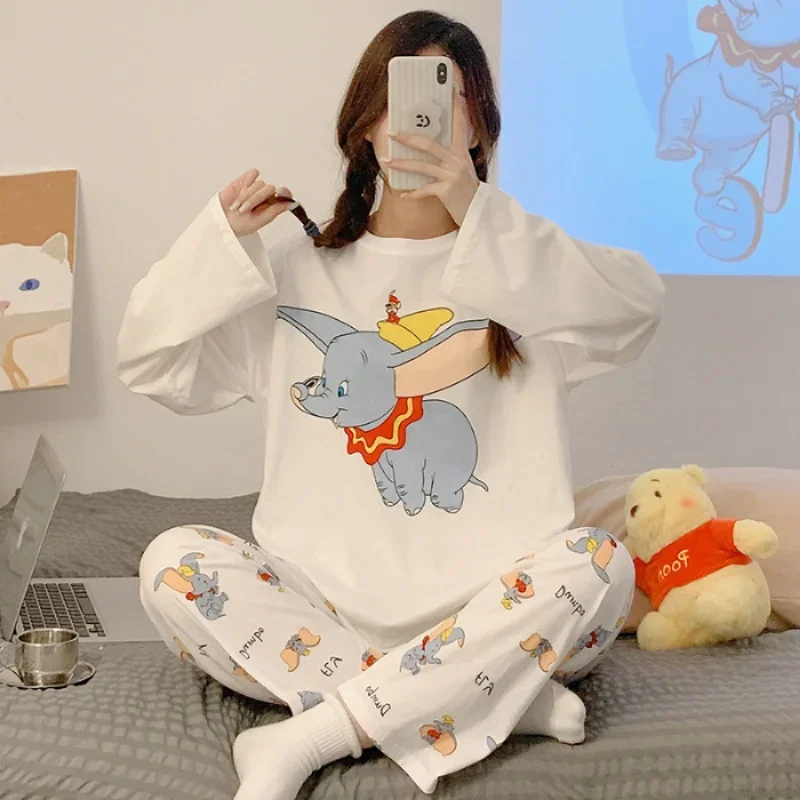 Disney Mickey Spring and Autumn New Cartoon Pajamas Women\'s Crew Neck Cute Winnie the Pure Cotton Loose Loungewear