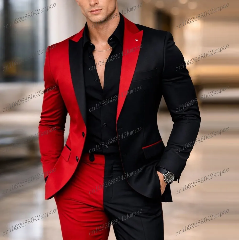 

New Red And Black Men Suit Formal Occasion Groom Groomsman Wedding Party Prom Male Business Tuxedos 2 Piece Blazer Pants