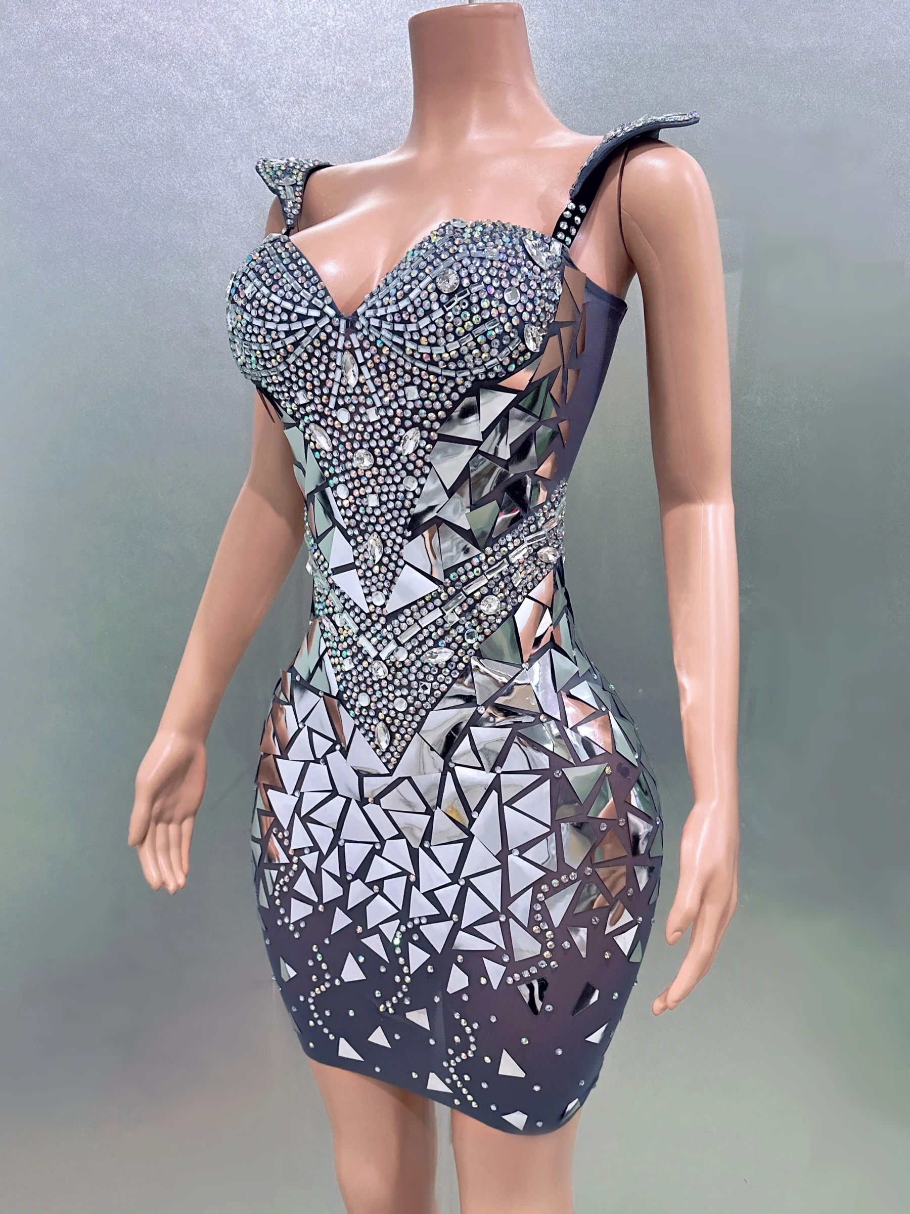 Sparkly Gray Mirror Surface Women Sexy Sling Mini Sheath Dress Evening Party Performance Costume Bar Nightclub Singer Stage Wear