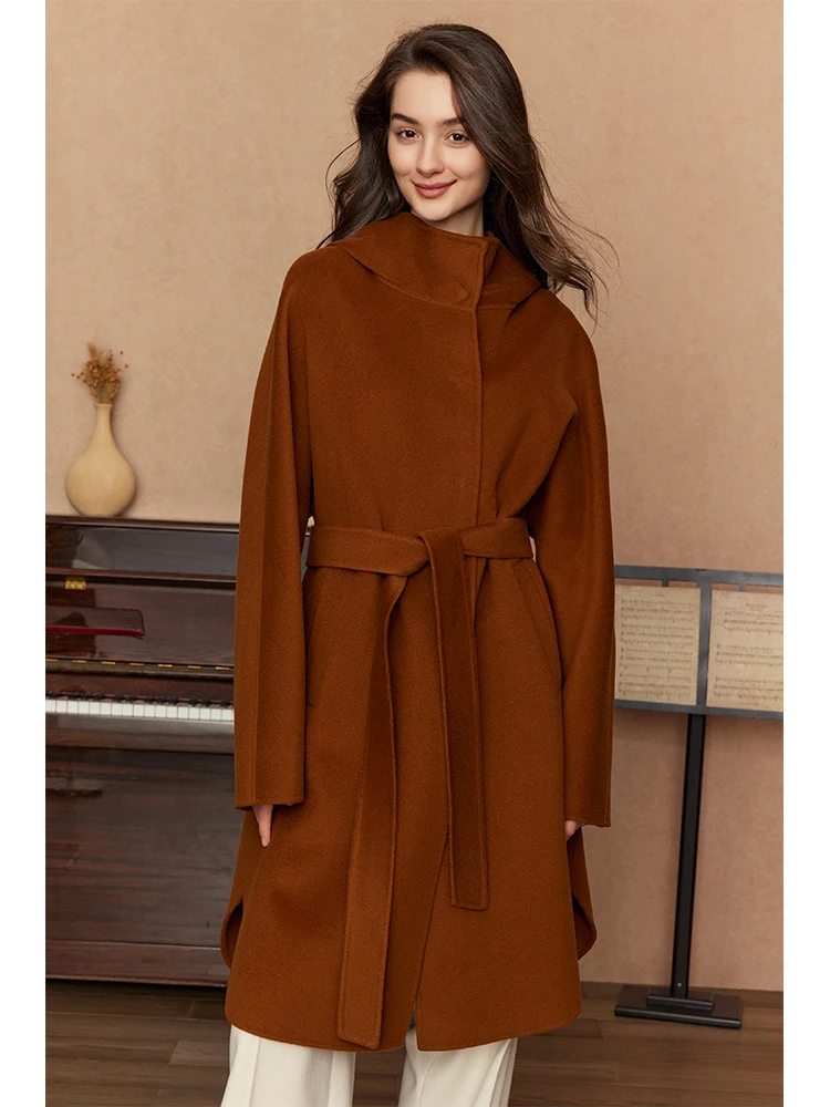 French Hepburn Style Caramel Cashmere Hoodie Coat Women Medium Long Length Slimming Fit High-end Hooded Woolen Overcoat Jacket