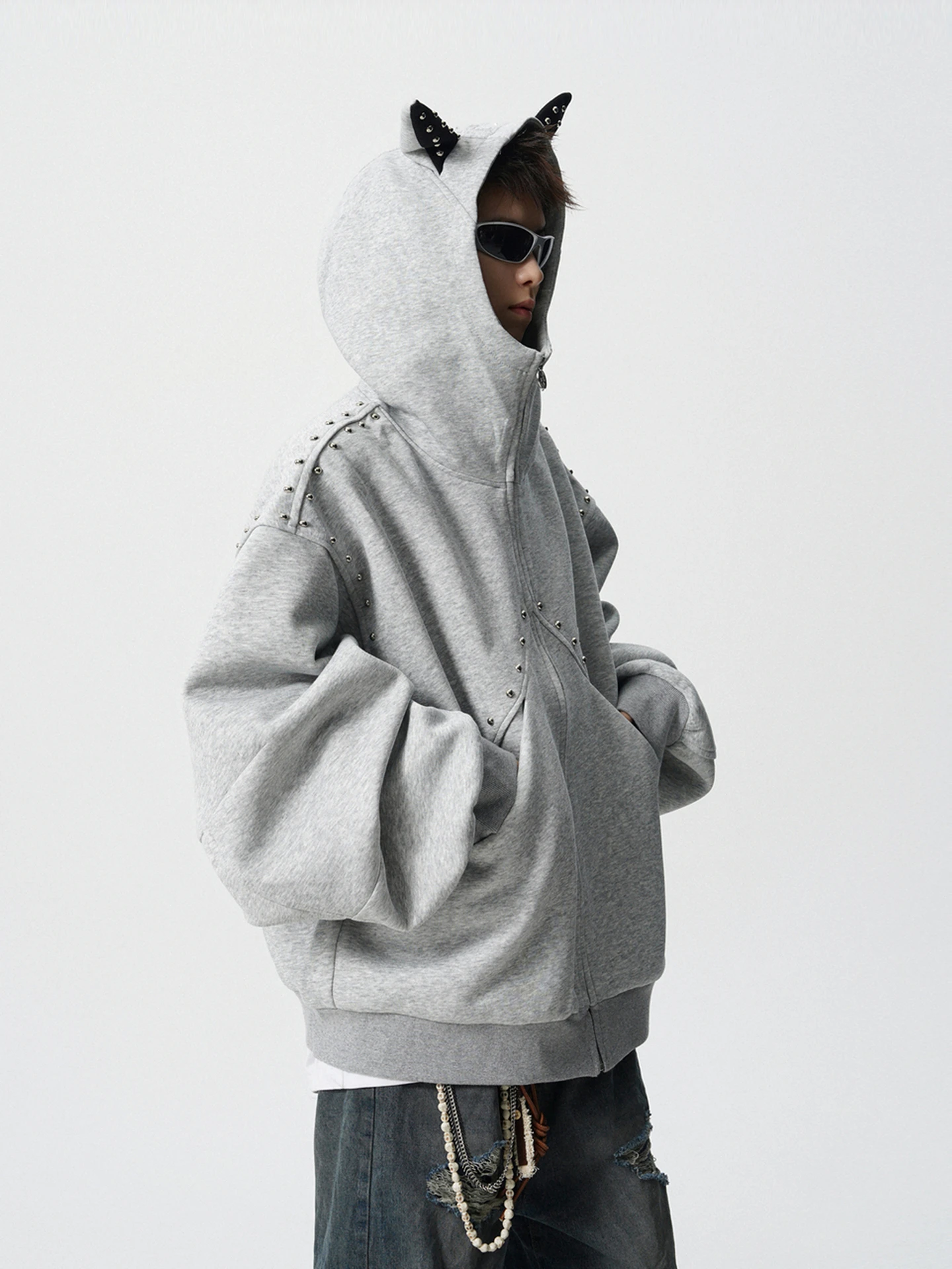 

Casual American Deconstructed Spliced Hoodie Cardigan ex High Street Zipper Leisure Outerwear Youth Trendy Cotton Polyester