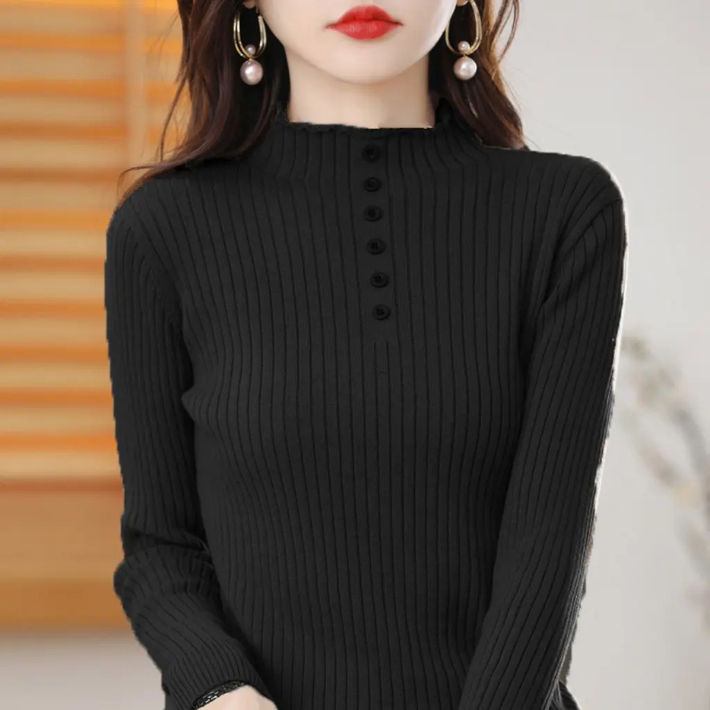 スリムフィットの女性用ベースセーター、ドローストリング付きコットンラインハーフタートルネックデザイン、秋と冬用の新しいインナーシャツ