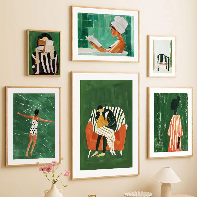 Green Striped Girl Book Coffee Bathtub Abstract Posters Wall Art Prints Canvas Painting Hotel Bar Pictures For Living Room Decor view 3