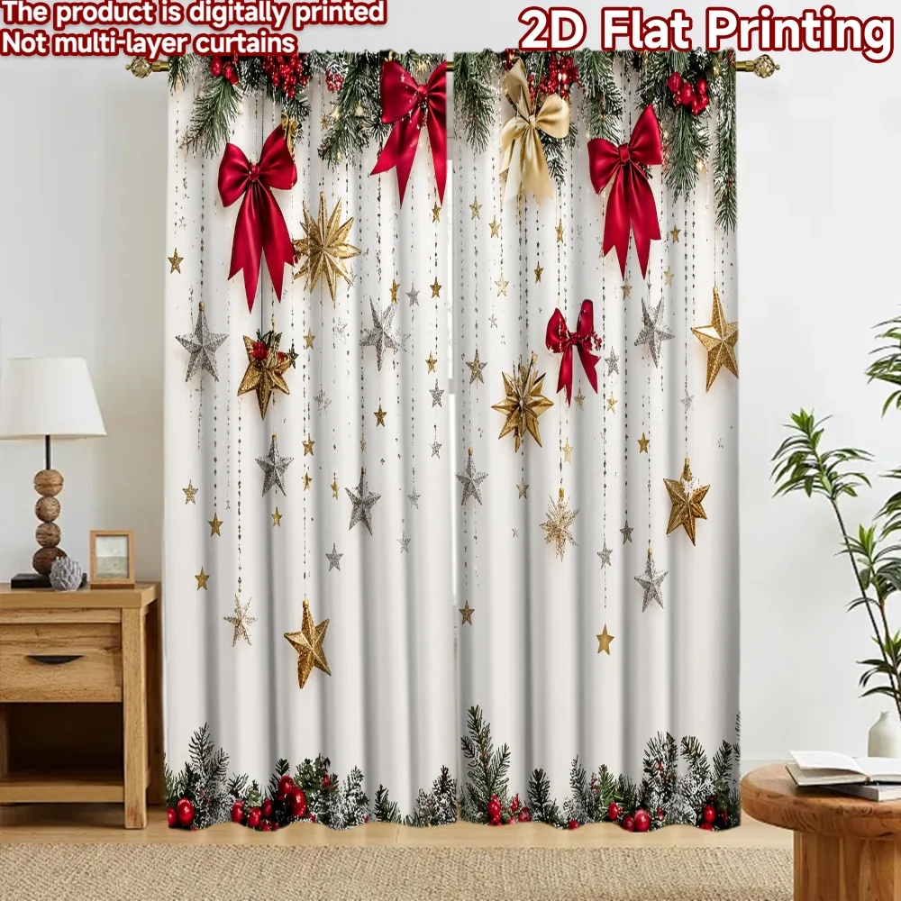 2D flat 2pcs Curtain Vintage drapes Curtains Christmas ing Star Bows Durable polyester fiber Festive Wall Decor for Bedroom