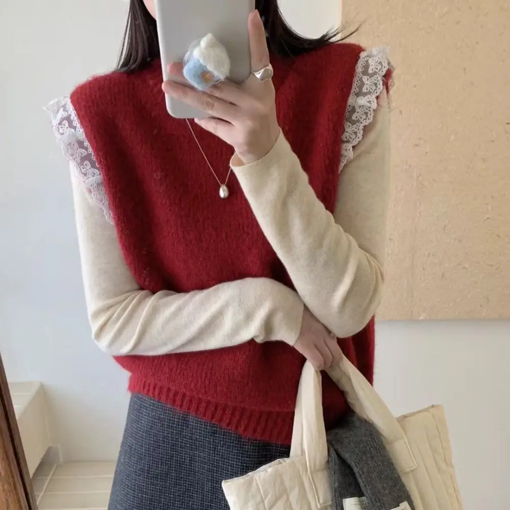 عادية جولة الرقبة الدانتيل سترة بلا أكمام بلون البلوز تريكو المرأة الكورية نمط الحلو محبوك صدرية الفتيات #2