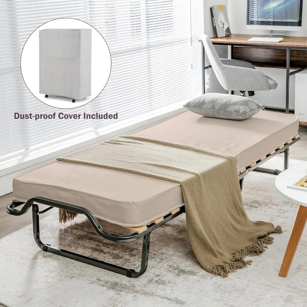 سرير قابل للطي مع مرتبة إسفنجية الذاكرة، سرير ضيوف صغير الحجم بإطار معدني قوي، 4 عجلات، أغطية، سرير قابل للطي، Por #4
