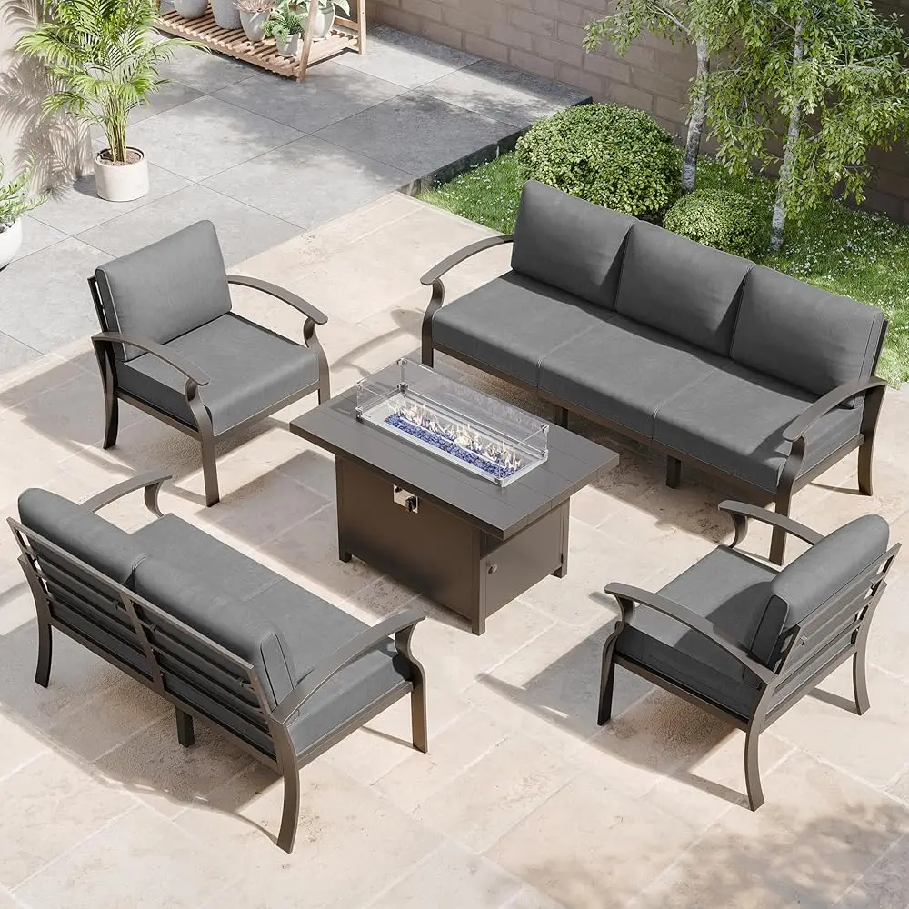 

Aluminum Patio Furniture Set 7-Seat Modern Metal Outdoor Conversation Sets W/45In Propane Fire Pit Table, Patio Sectional Sofa