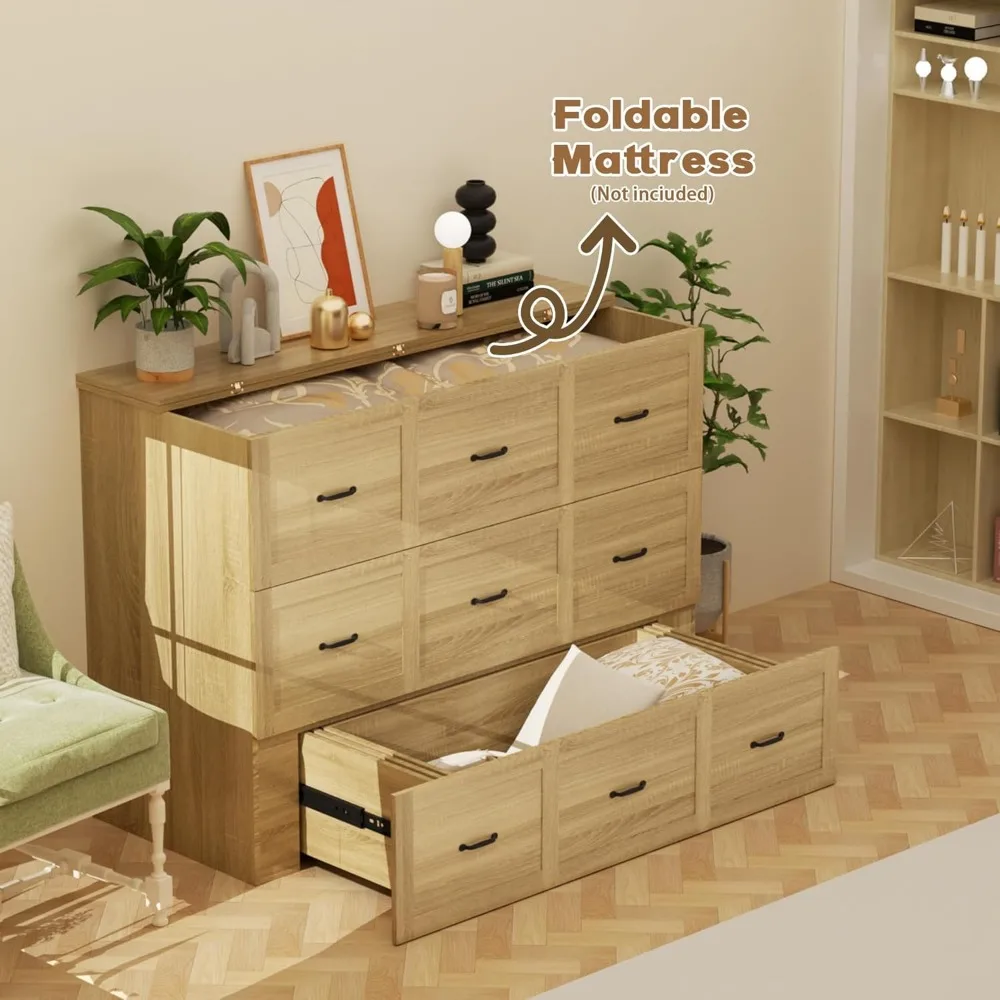 خزانة سرير جدارية خشبية كاملة الحجم من سرير ميرفي مع درج كبير موفر للمساحة ومنصة مخفية قابلة للطي وخزانة متنقلة #2