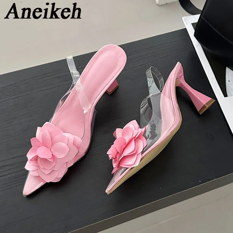 Aneikeh 2024 Fashion Sexy Flower Pointed Toe Thin Low Heels Women Pumps Elegant Wedding Slingback Shoes Mules Zapatos De Mujer