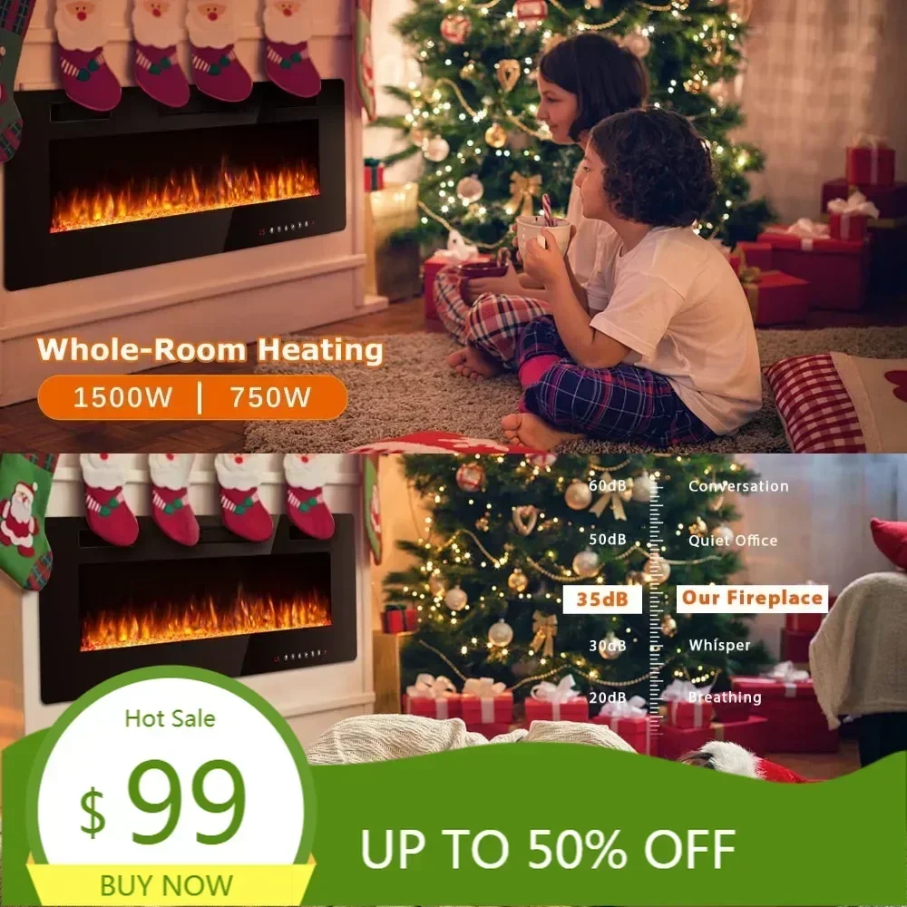 72인치 벽걸이형 슬림 전기 벽난로 (벽 내장형 디자인 및 다채로운 불꽃 기능 포함)