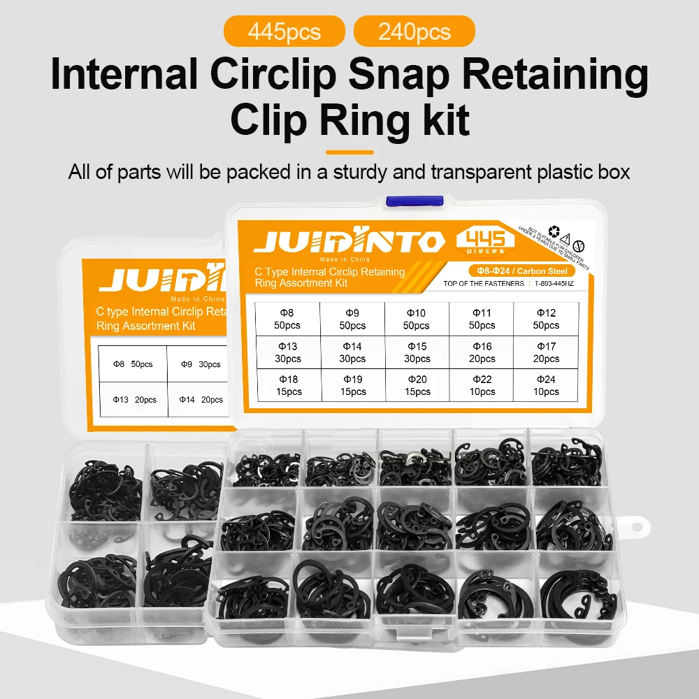 JUIDINTO Internal Circlip Snap Retaining Clip Ring Assortment Set 8-24mm Carbon Steel C-Clip Kit for Automotive Industrial