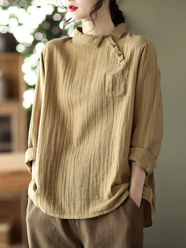 100% Cotton Women Casual Shirts New Arrival 2022 Spring Korean Style All-match Solid Color Loose Female Long Sleeve Tops B2223