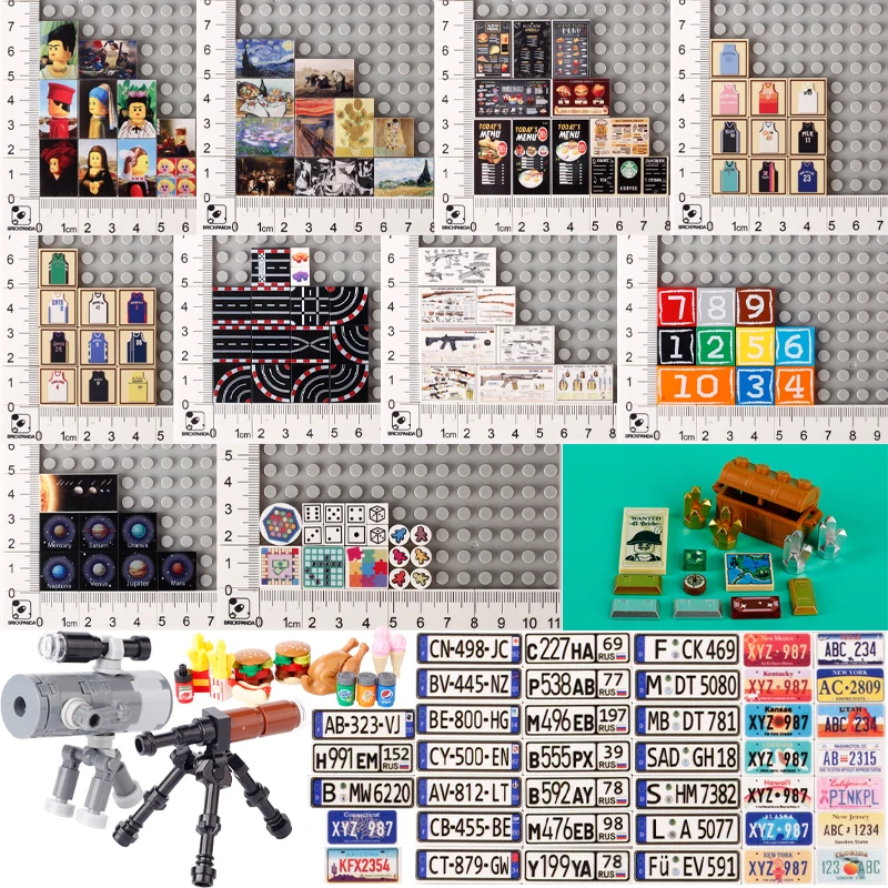 City Figures Accessories Printed Bricks Menu Famous Paintings Numberplate Telescope Mini Building Block Decorative Props Toys