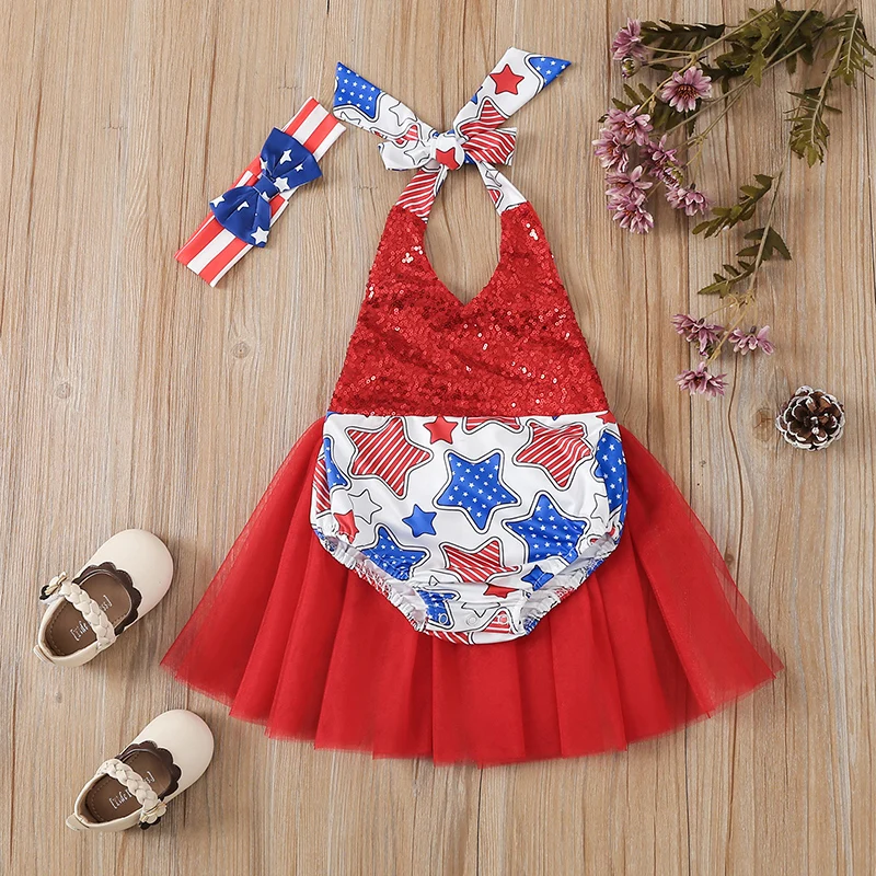 Fourth of July Infant Girls Romper Set Patriotic Star Sequin Mesh Skirt Jumpsuit with Headband Independence Day Outfit