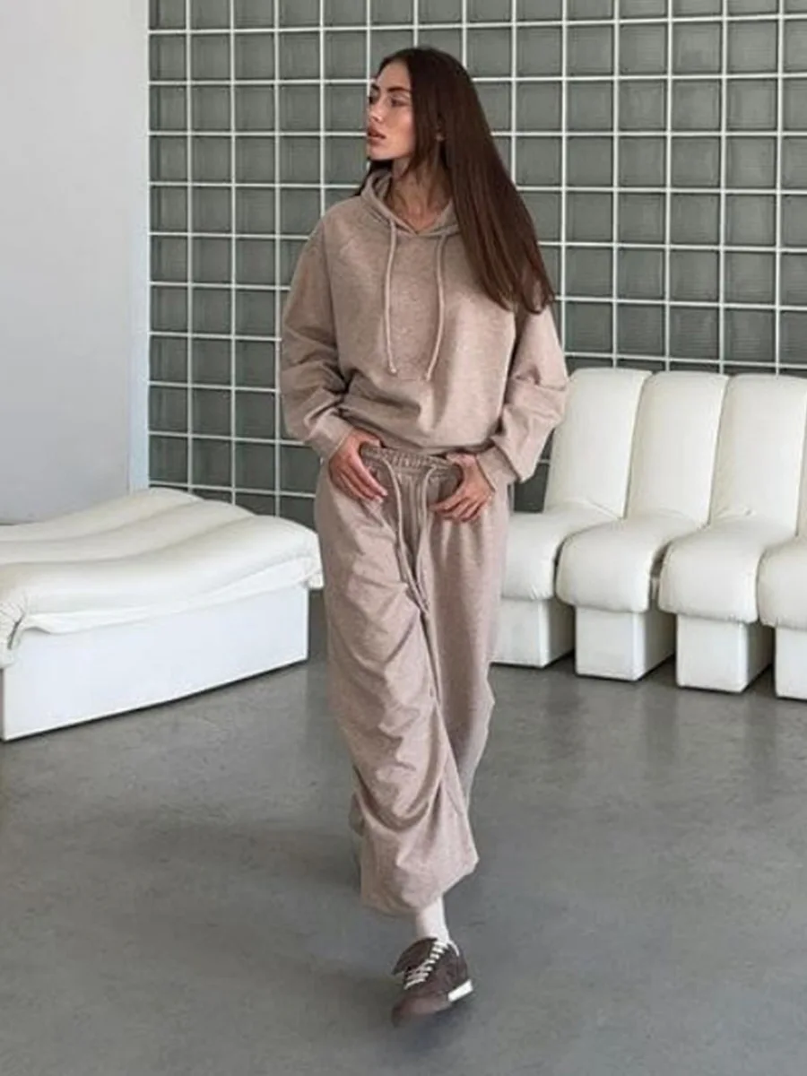 Conjunto de moletom feminino Wolfeel outono inverno macio com capuz solto e ombro caído pulôver relaxado conjunto de calças compridas