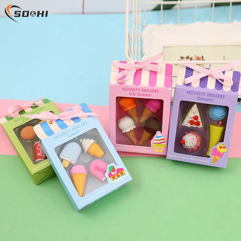 4PCS Kawaii Ice Cream Hamburger Lollipop Detachable Rubber Eraser Stationery Creative Food Cake Eraser Christmas Children Gift