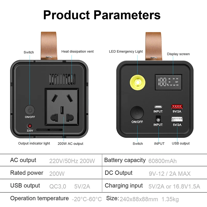 보조배터리 휴대용 보조배터리 스테이션, 60800mAh, 200W, 야외 전원 공급 장치, 220V, AC 출력 고속 충전, 노트북 휴대폰