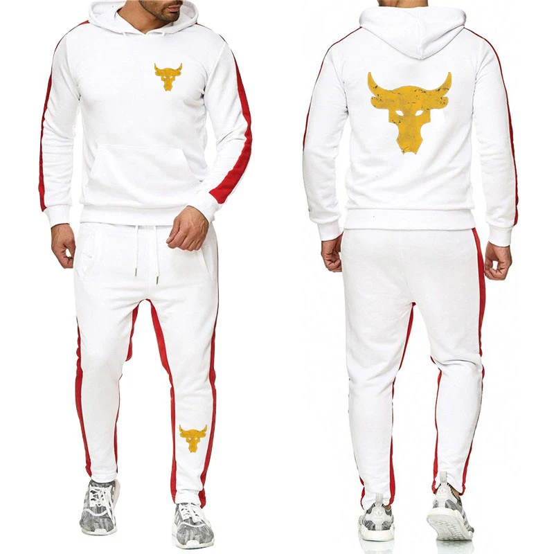 2025 Spring And Autumn Man's Dwayne Johnson Brahma Bull Tattoo Logo Print Solid Color Round Neck Hoodies+Sports Pants Suits