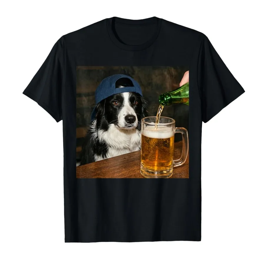 New Border Collie Drinking Beer Funny Dog Meme T-shirt for Men Women 100% Cotton T Shirts Short Sleeve Tops S-5xl