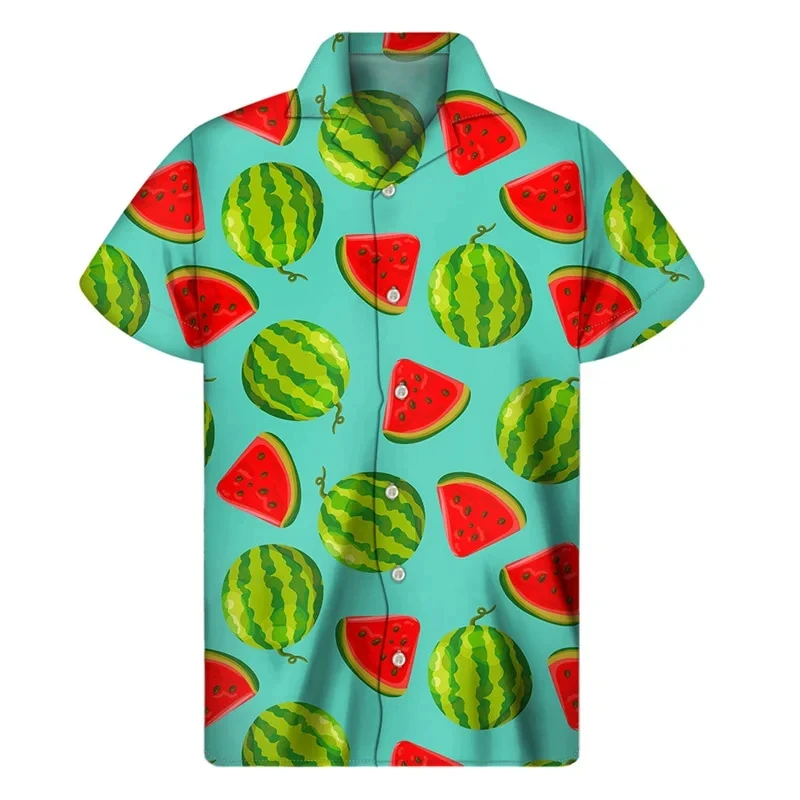 Camicia da uomo hawaiana per le vacanze Abbigliamento Stampa 3D Anguria Frutta Risvolto Camicie con bottoni Camicetta dal design a righe moda casual