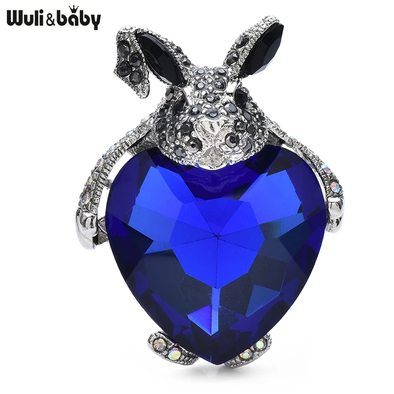 

Wuli&baby Rhinestone Rabbit Hugging a Blue Heart Crystal Brooch Pins For Women And Kid Jewelry Gift Little Animal Bag Pin