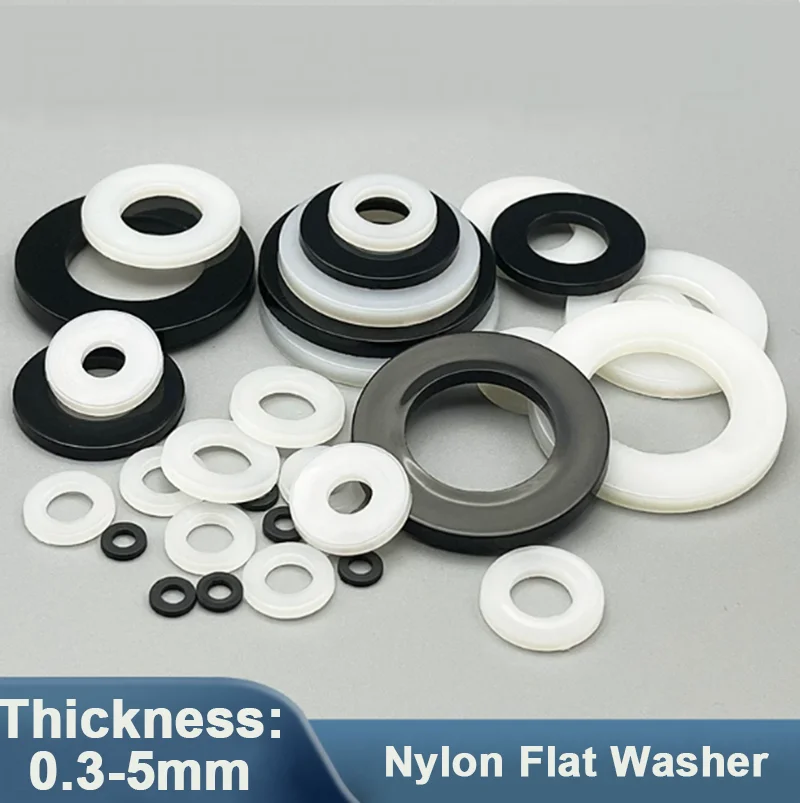 20-100Pcs Nylon Flat Washer PA66 Plastic Gasket Spacer Ring Thickness 0.3-5mm Black White For Screw Insulation Hardware Parts