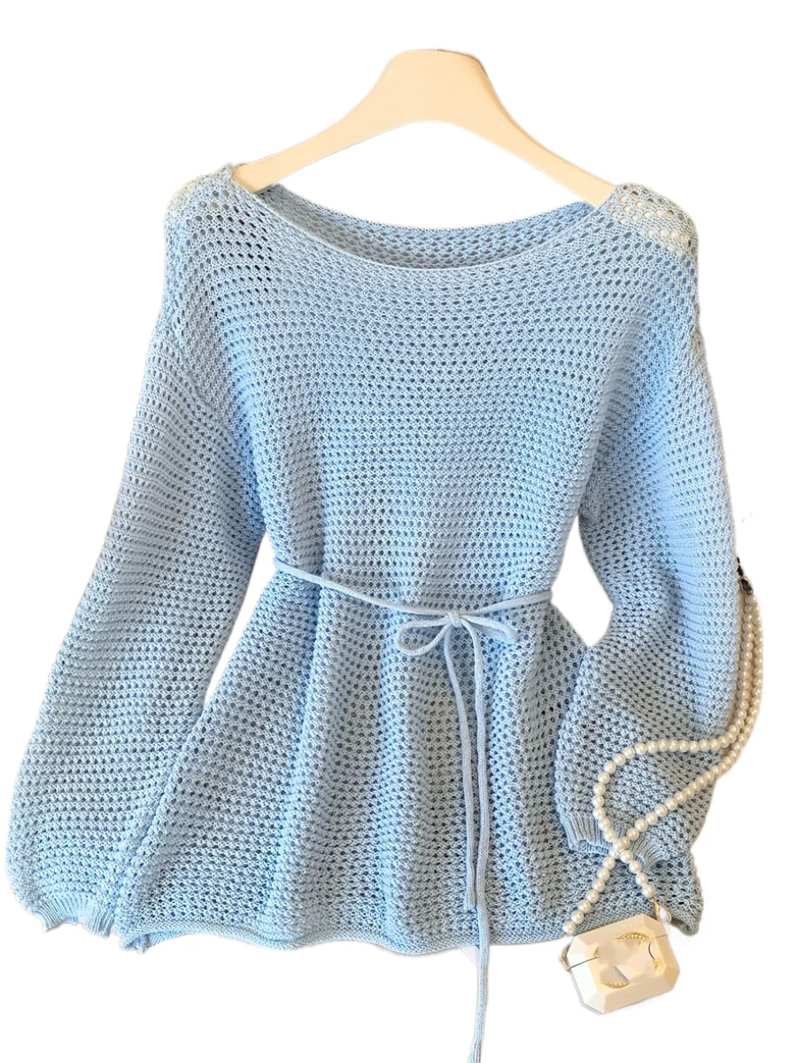 

Свитер на шнуровке с круглым вырезом, французский летний тонкий ледяной шелк, вязаный топ с длинными рукавами, женский свободный пуловер