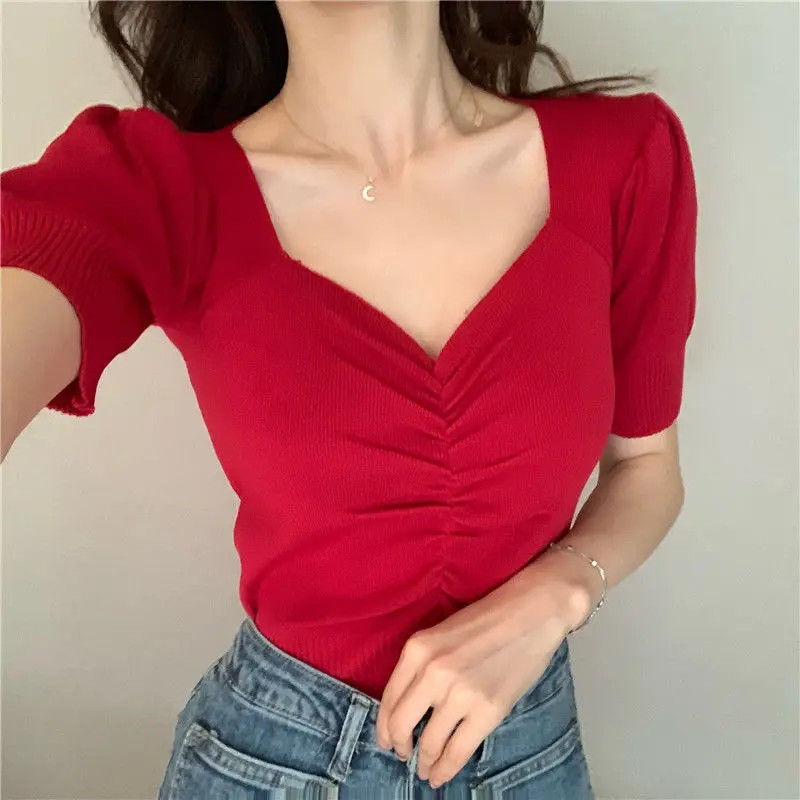 Summer Women Solid Slim Knitted T-shirt Versatile Fashion Short Tees Female Korean Clothing V-neck Short Sleeve Casual Sexy Tops