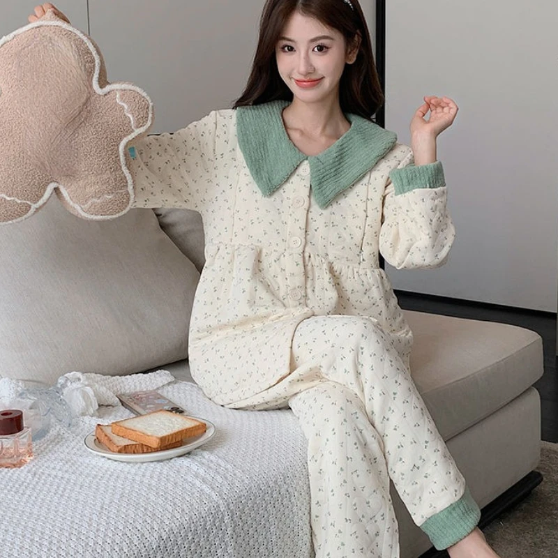 

2024 New Air Cotton Confinement Clothes Autumn Winter Pure Cotton Sleepwear Postpartum Plus Size Pregnant Women Floral Pajamas