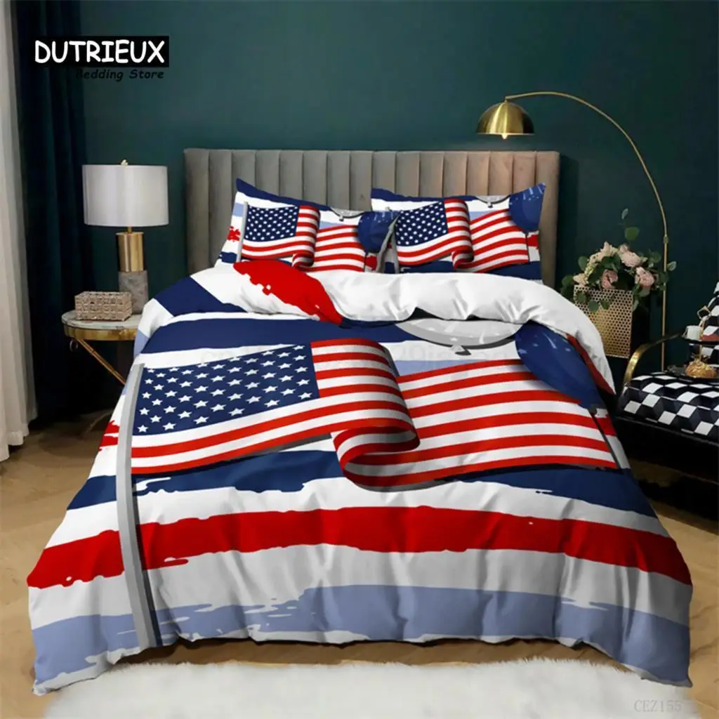 

National Flag Bedding Set Queen Size Microfiber Geometric Stripe American Flag Print Duvet Cover With Pillowcases Bedroom Decor