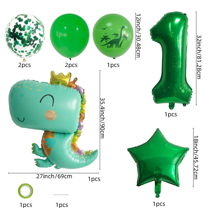 New cartoon dinosaur themed numbers 1 to 9 aluminum film balloons bundle children's first birthday party setup supplies