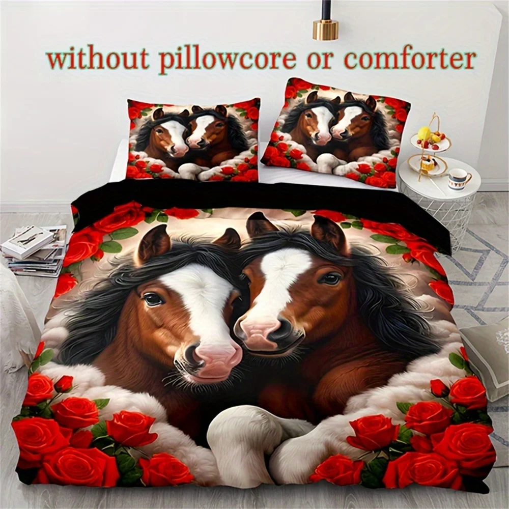 3D Animal Print Duvet Cover Set Horse And Rose Pattern Digital Print Bedding Set With Pillowcases (No Duvet Insert)  All Seasons