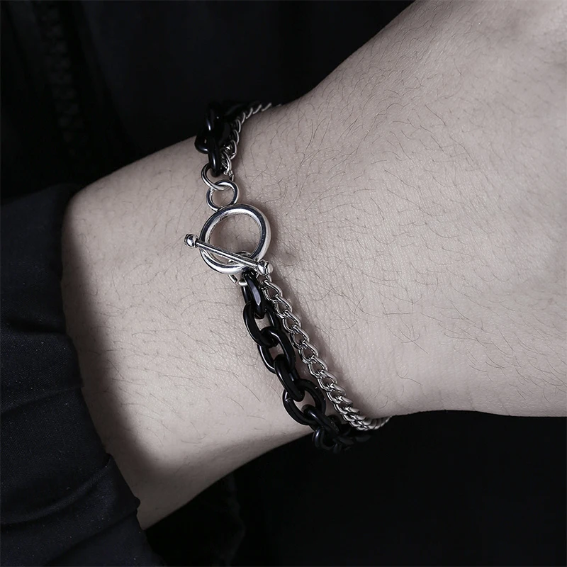 Loe| Men Stainless Steel Cuban Bracelets.Black and White. Korean Fashion Double Layer Link Chain.1Pcs.Hip Hop Jewelry.New