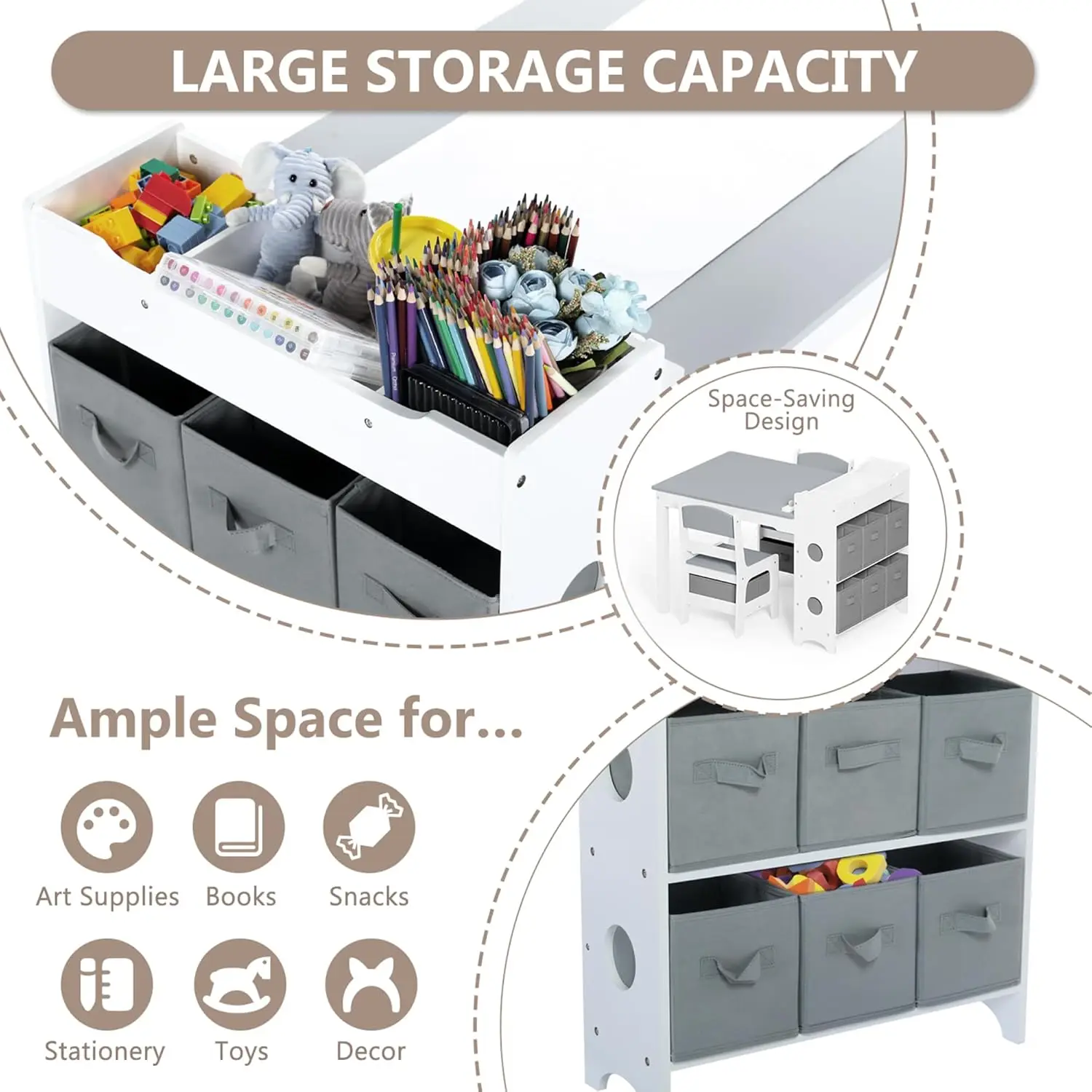 Kids Art Table & Chair Set, Wood Toddler Activity Table for Kids Drawing, Reading, Studying, Crafting, Playing, 8 Removable Bins