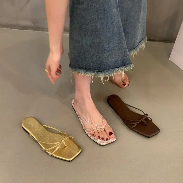 French Chic Square Toe Flip Flops Women Vintage Flat Sandals Elegant Summer Beach Slides Fashion Mule Outdoor Vacation Soft Sole