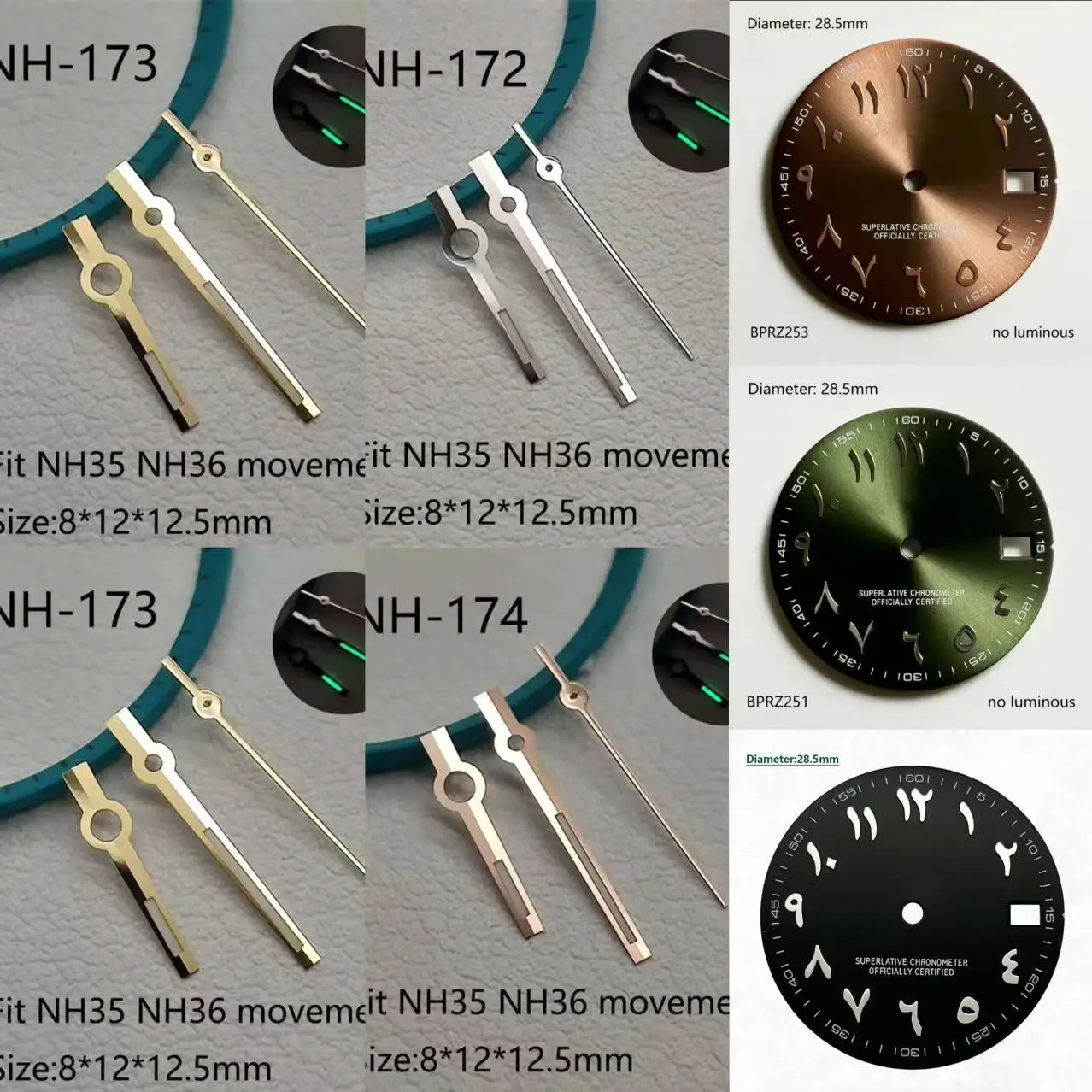 Ptl 28,5mm venta verde azul números arábigos s logo dial sin luminoso adecuado esfera verde nh35 Japón movimiento accesorios de reloj