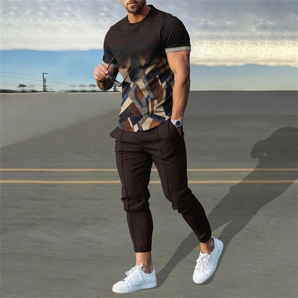 Men Summer Sets Short Sleeve T Shirt Trousers 2 Pc Sets Print Oversized T-shirts Pants Suits Casual Tops Sweatpants Men Clothing