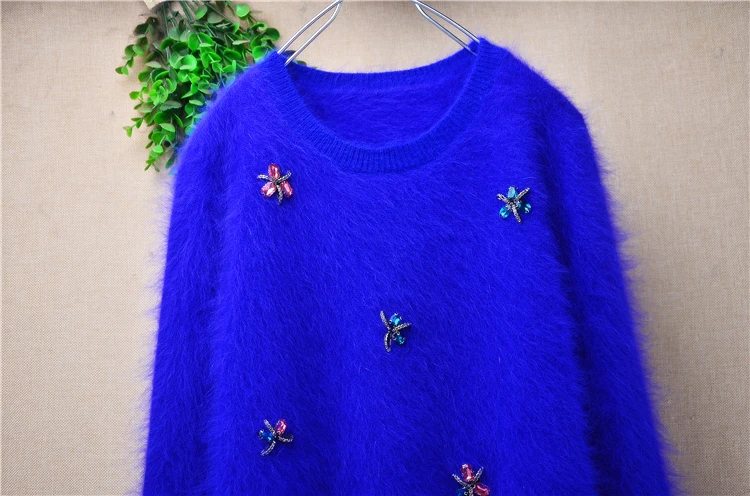 Ladies Women Autumn Winter Fashion Beading Hairy Mink Cashmere Knitted O-Neck Long Sleeves Loose Pullover Sweater Jumper Pull