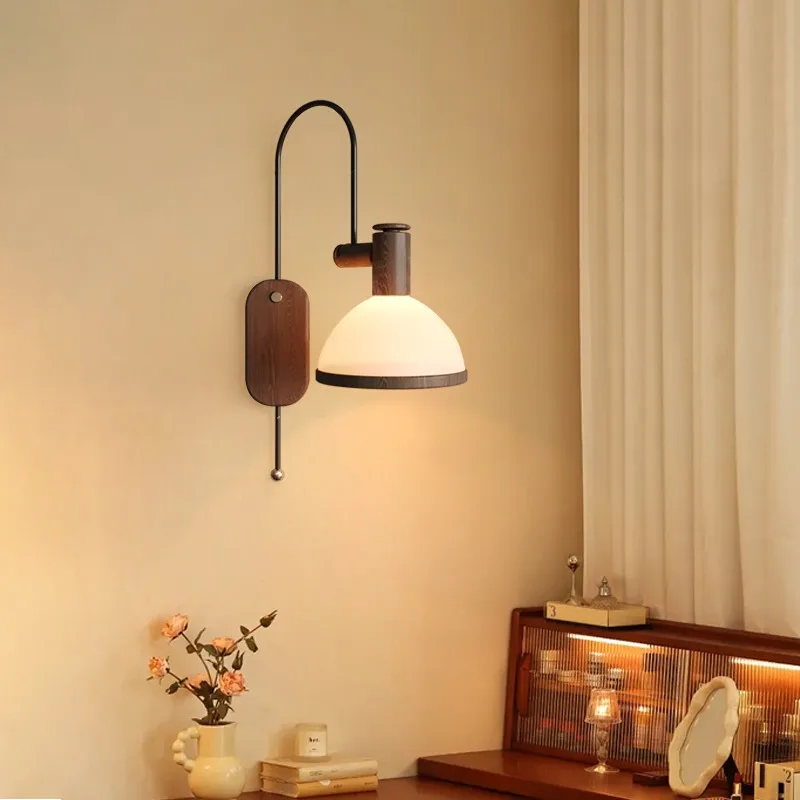 

French Vintage Wood Grain Wrought Iron LED Wall Lamp Rotundity White Glass Light Living Room Bedroom Corridor Restaurant Sconces