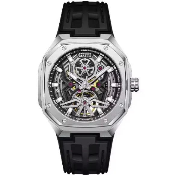 

BONEST GATTI Men Automatic Watch 44mm Square Mechanical Wristwatch Sapphire Mirror Luminous Skeleton Dial FKM Strap Sport