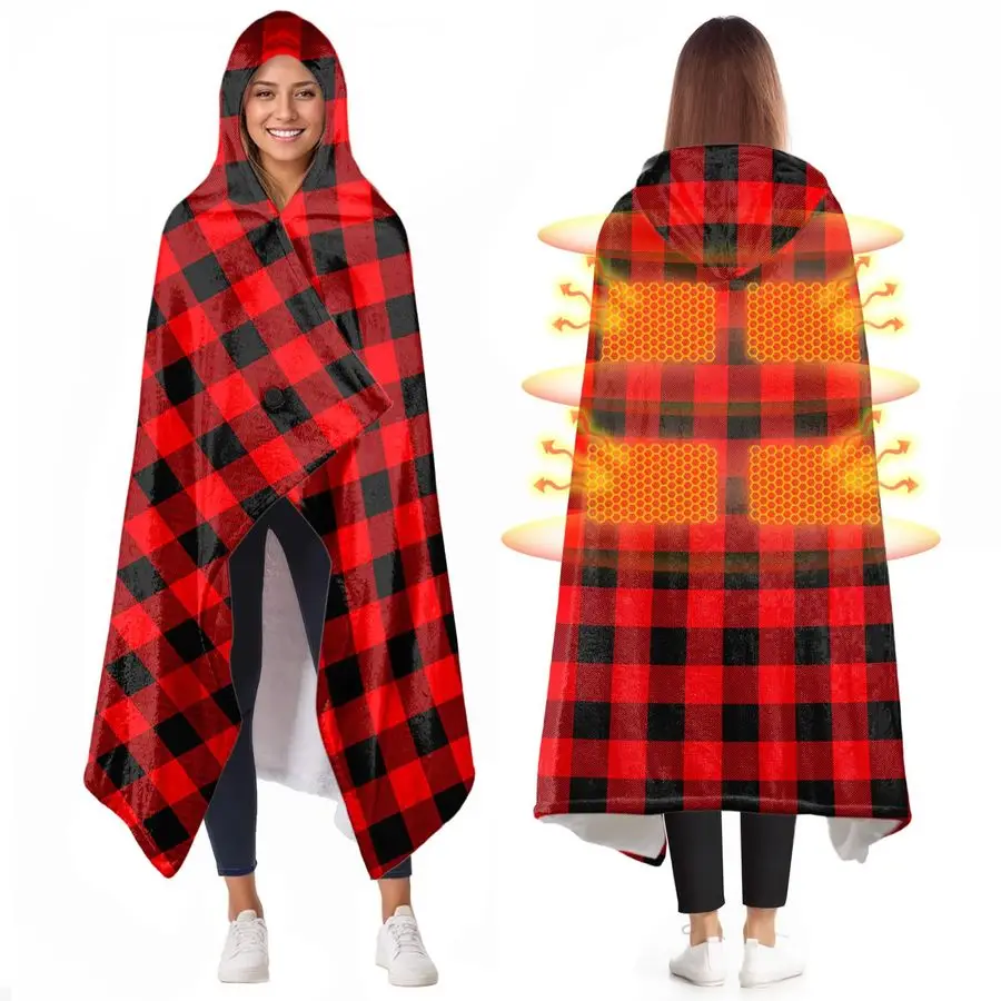

Heated Hoodie Throw Blanket Gift for Women USB 9V 18W Red black plaid Print Wearable Electric Blanket with Hood, 8 Graphene Zone