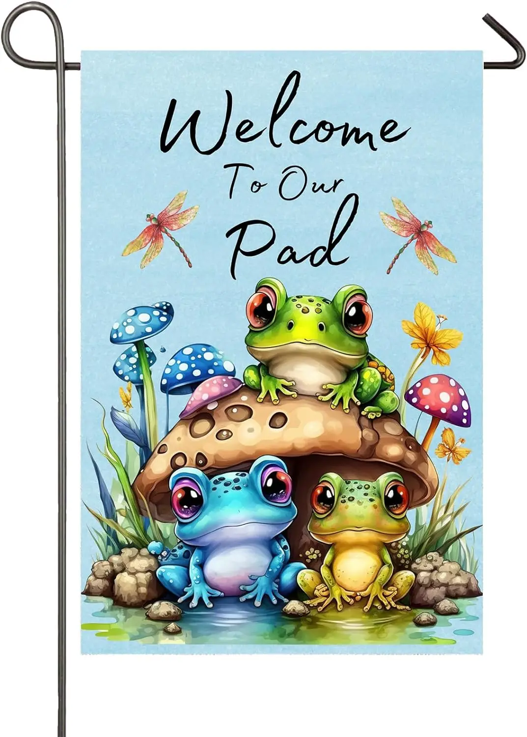 Welcome To Our Pad Frog Garden Flags for Outside 12x18 Inch Double Sided Mushrooms Frogs Cottagecore Decor Spring Summer Pond Ya