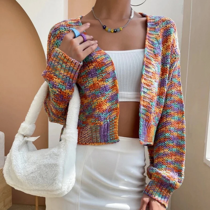 Autumn Winter Rainbow Cardigan Sweater Women Long Sleeve O Neck Knitted Sweater Coat Woman Korean Casual Vintage Cardigans 28749