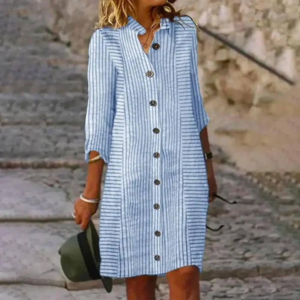 

Elegant Women's Dresses 2024 Summer Stripe Print Hemp Short Sleeve Medium Length V-Neck Button Dress Female Clothing Robe