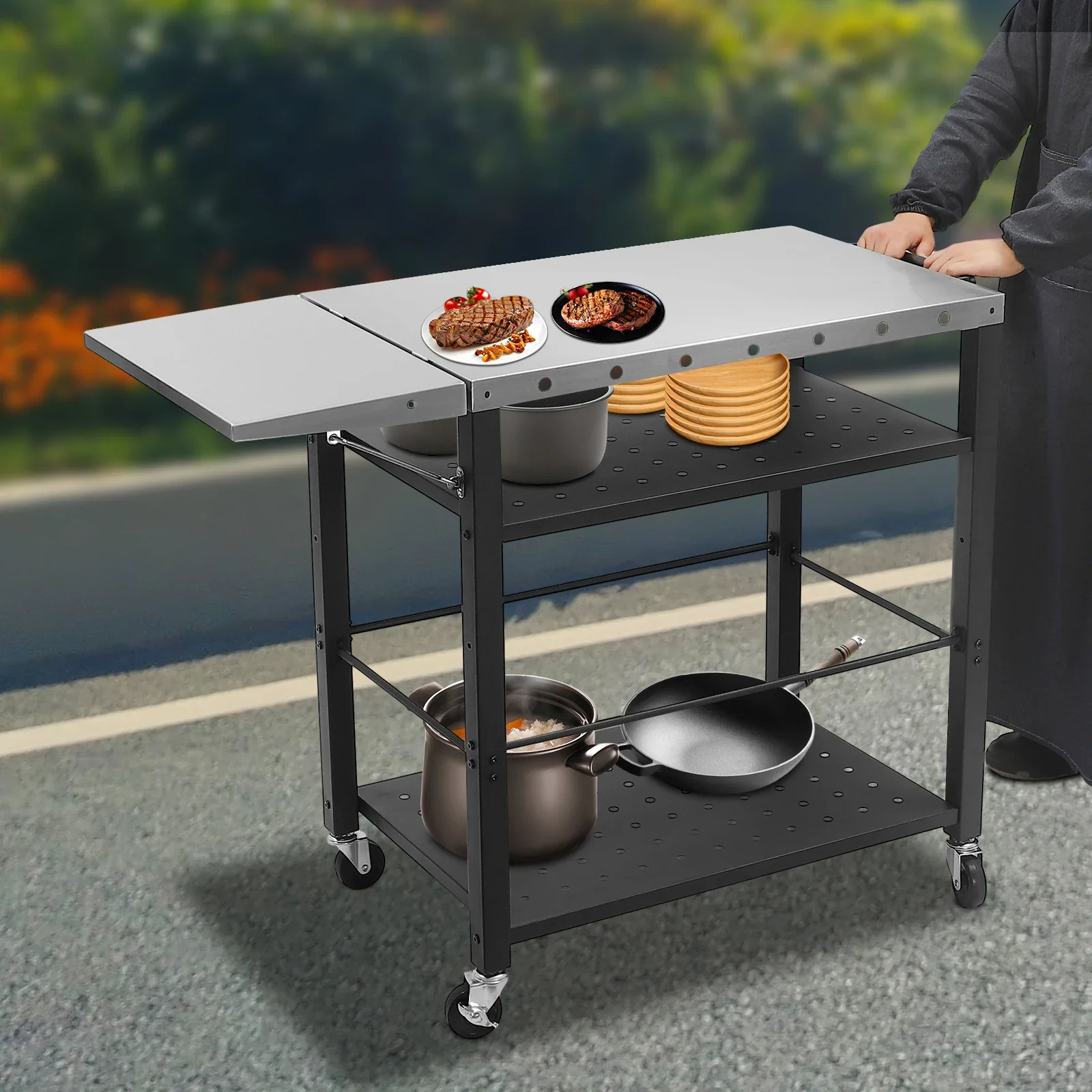 4-stufiger Grillwagen aus Edelstahl für den Außenbereich, robuste, verstellbare Regale mit Backen