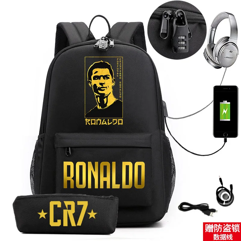 Ronaldo printed backpack casual student school bag usb bag with lock outdoor travel bag computer bag pencil case 2-piece set