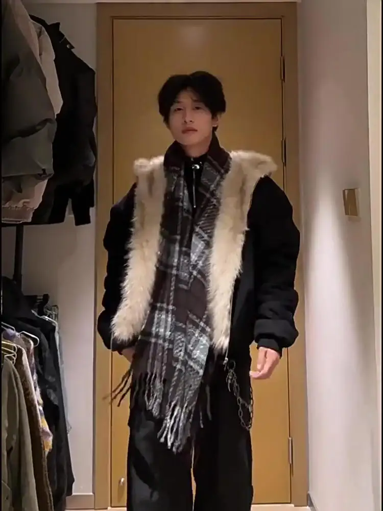 Retro American High Street Vibe Hooded Cotton Jaet Men's Thiened Fur Collar Winter Warm Faionable Casual Outerwear