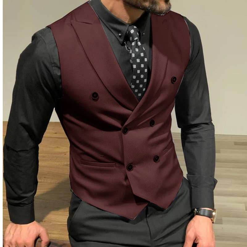 

Men Vest Burgundy With Double Breasted Slim Fit Groomsmen Waistcoat For Wedding Business Banquet Work Male Coat