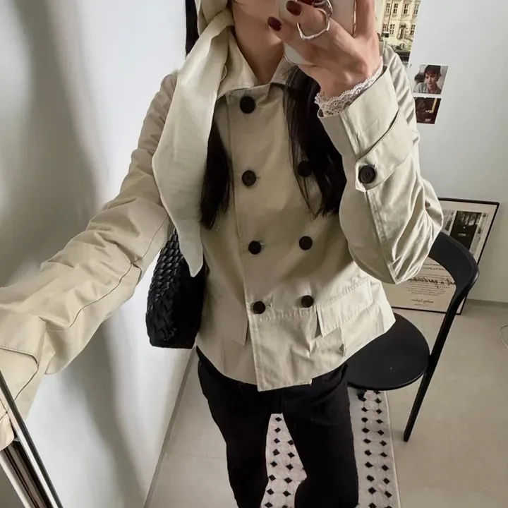 Korean Style Chic Short Double Breasted Collarless Jacket Retro British Style Versatile Simple Design Polyester Fiber Coat