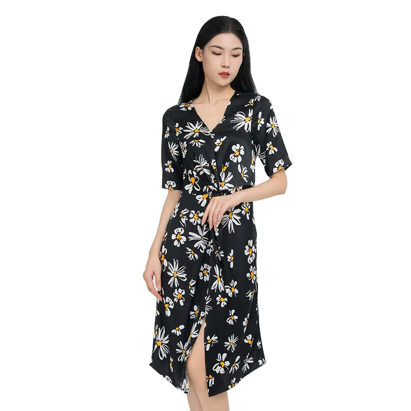 19 Momme Long Silk Dress With Daisy Printing